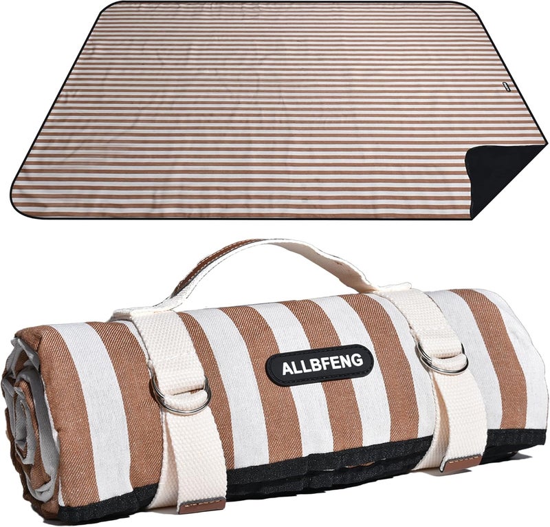 ALLBFENG Striped Picnic Blanket Waterproof & Sand Proof, 5-Layer Beach Blanket Portable with Carry Strap, Extra Large Foldable Picnic Rug Machine Washable for Camping Party,Wet Grass,Kids Playground - Image 1